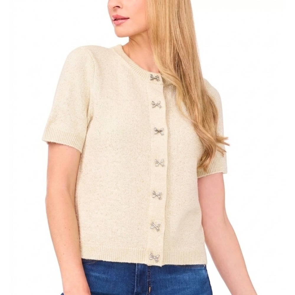 Cece Women's Short Sleeve Bow Button Cardigan Sweater Size S Malted